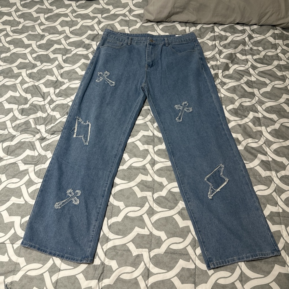Brand New Blue jeans with crosses and lightnings